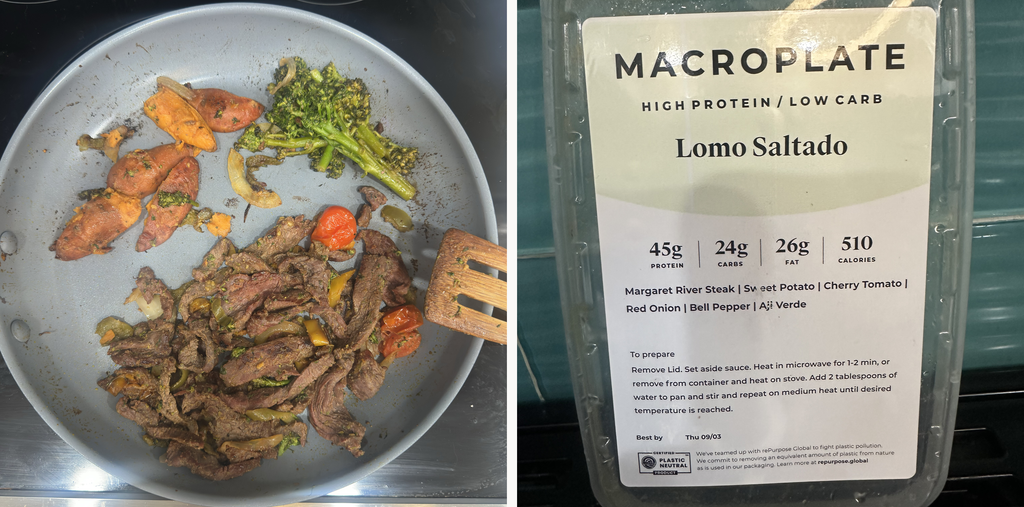 Images of Macroplate Lomo Saltado meal container and actual food image